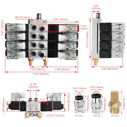 Heschen Electrical Pneumatic 4 Solenoid Valve, 4V230C-08, 24VDC, PT1/4, 5 Way 3 Position, Manifold Base, Muffler, Quick Fittings Set, CE