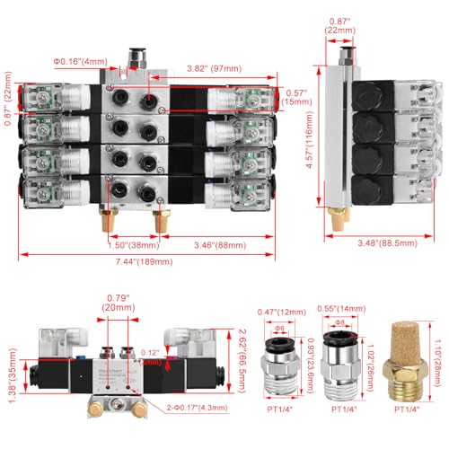Heschen Electrical Pneumatic 4 Solenoid Valve, 4V230C-08, 24VDC, PT1/4, 5 Way 3 Position, Manifold Base, Muffler, Quick Fittings Set, CE