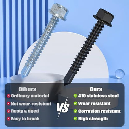VGBUY 110Pcs #10 x 1 Self Drilling Screws for Metal,410 Stainless Steel Black Zinc Plated,Self Tapping Sheet Metal Screws,Hex Washer Head - color: Black Hex Washer Head, size: #10 x 1 inch