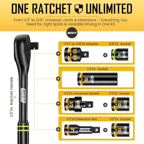 BOEN Pro 80-Pieces 1/2" & 3/8" Drive Master Impact Socket Set, 6 Point Metric Deep & Shallow Sockets (8-32mm), Cr-Mo, Includes 1/2" Drive 90-Tooth Handle Wrench for High-Torque Applications