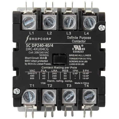 4 Pole 40 Amp AC Contactor, 208/240V Coil, UL Recognized, HVAC - style: 4 Pole 240V