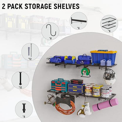 2 Pack Garage Wall Shelves, 46"X 12.5" Garage Shelving Wall Mounted, Heavy Duty Shelf Organizer with 8 Hooks, Black Floating Storage Metal Rack 320 LBS Capacity for Laundry Room, Office, Basement - size: A-2 PACK