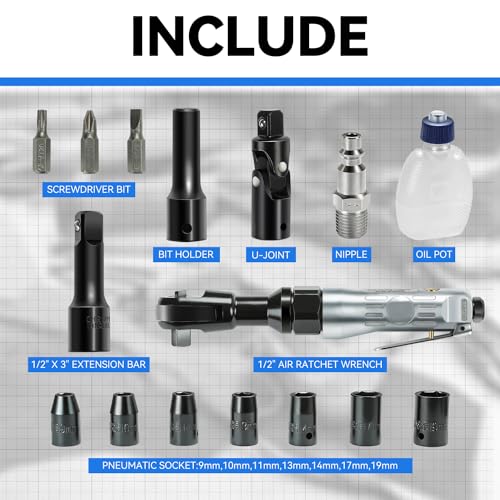 Auto Dynasty 17 Pieces 1/2" Air Ratchet Wrench Kit Set Heavy-Duty Aluminum Body, 50 ft-lb Max Torque, 160 RPM Speed, Versatile Pneumatic Sockets