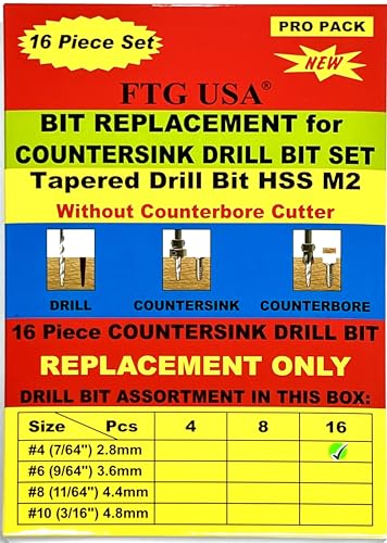 FTG USA 16Pc #4 (7/64") Replacement Countersink Drill Bit Set Tapered Bits - size: #4 (7/64"), style: 16 Bits w/o cutter
