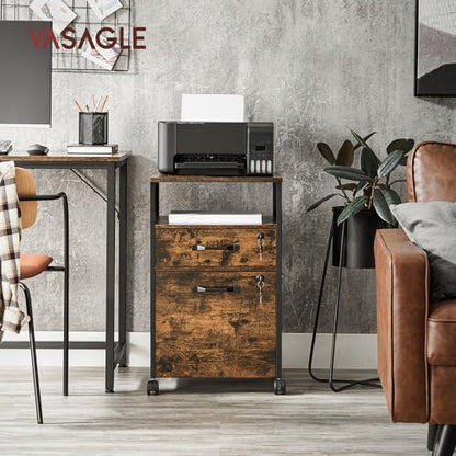 VASAGLE 2 Drawer File Cabinet with Lock, Rolling Printer Stand - color: Rustic Brown + Ink Black, size: with Lock and Fences