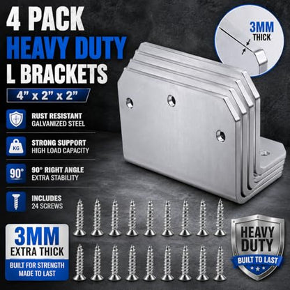 4 Pack 4-Inch L Brackets with 24 Screws, 3mm Galvanized Steel Corner Braces