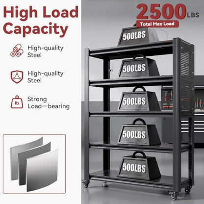 78" H x 47.2" W x 18" D Garage Storage Shelves with Wheels and Pegboard - size: 80" H x 47.2" W x 18" D