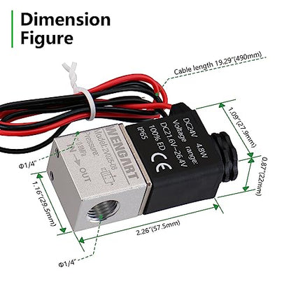 Wengart 2-Way 2-Position Pneumatic Solenoid Valve for DIYers & Engineers to Prevent Low-Pressure Leaks via DC 24V Coil, Nickel-Plated Copper Body & 6mm Fitting Kit