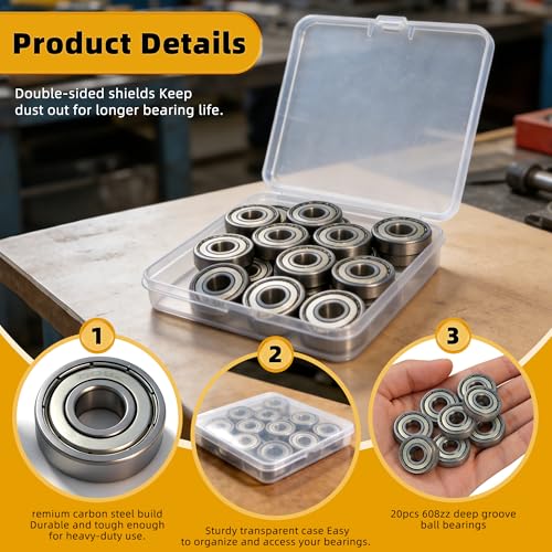 20PCS 608ZZ Deep Groove Ball Bearings Steel 8mm x 22mm x 7mm Miniature Ball Bearing Double Shielded Bearings Pre-Lubricated for 3D Printers Skateboards - size: 608ZZ