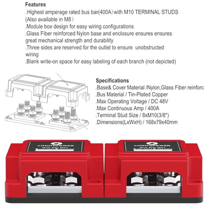 400A Bus Bar 8 M10 (3/8 inch) Terminal Studs Modular Design Tin Plated Copper Distribution Block Positive Pole Electrical Buss Bars 12-48 V DC with Cover for Trailer Marine Boat Car RV - color: 400A R&R