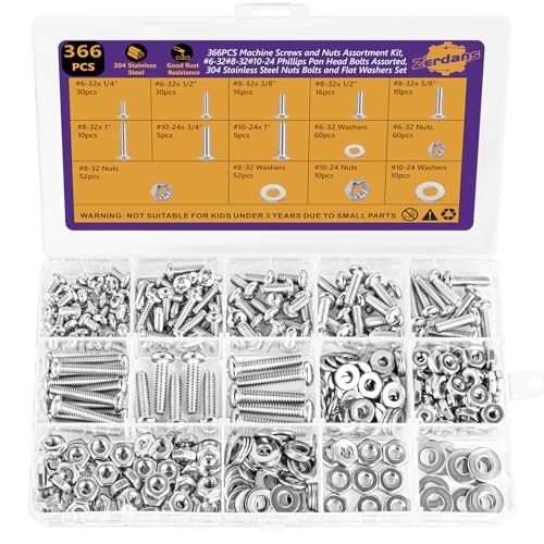 366Pcs #6-32#8-32#10-24 Machine Screw Kit 304 SS, Nuts & Washers - size: #6-32#8-32#10-24