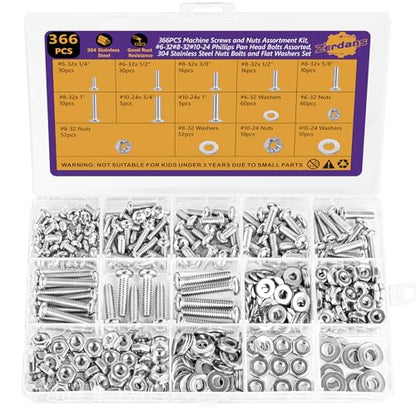366Pcs #6-32#8-32#10-24 Machine Screw Kit 304 SS, Nuts & Washers - size: #6-32#8-32#10-24