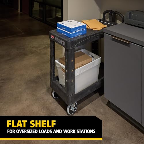 Rubbermaid Commercial Products Heavy Duty 2-Shelf Utility/Service Cart, Small, Flat Shelves, Ergonomic Handle, 500 lbs. Capacity, for Warehouse/Garage/Cleaning/Maintenance - size: Small 2-Shelf, style: Ergonomic Handle
