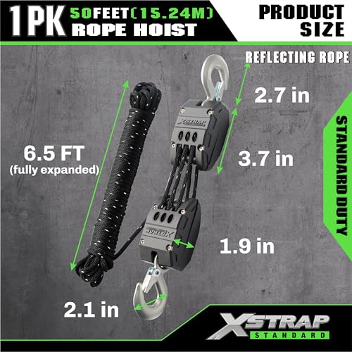 XSTRAP STANDARD 50FT Reflective Rope Hoist 1 Ton 5:1 Block & Tackle w/Loops - color: 50ft Reflective Upgraded