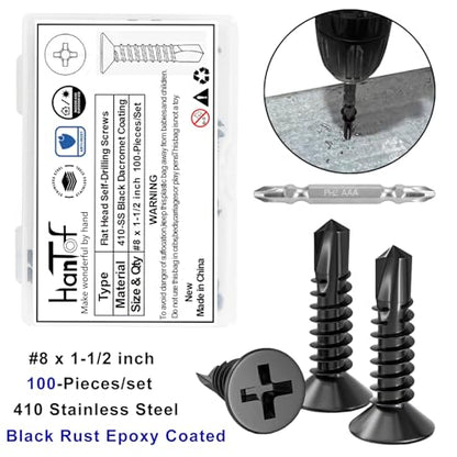 100Pcs Self Tapping Screws for Metal, 410 Stainless Steel, Black Coating, #8 x 1-1/2" Phillips Drive Flat Head Self Drilling Screws, Countersunk Sheet Metal Screws, Deck Screws Kit with 1 Bits - size: 100pcs #8 x 1-1/2", style: Flat Head
