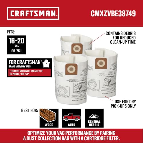 CRAFTSMAN CMXZVBE38749 Genuine 16-20 Gal. Wet Dry Vac Dust Collection Bags - style: 16-20 Gallon General Purpose