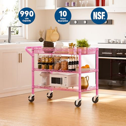 WDT Pink Rolling Utility Cart with Wheels, 990Lbs Heavy Duty Metal Cart with Handle & Shelf Liners, NSF Certified 3-Tier Storage Trolley for Esthetician, Kitchen, Salon & Craft Room, Pink - color: Pink-3 Tier