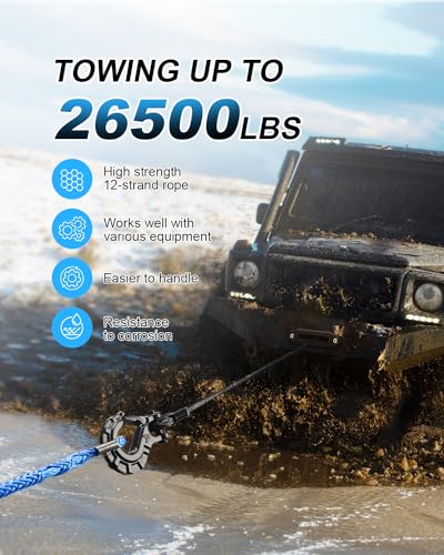 Kolvoii Synthetic Winch Rope Extension, 3/8 in x 50 ft, 26,500 lb, Blue - color: blue, size: 3/8 Inch x 50 Feet