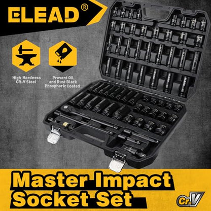ELEAD 67 Piece 1/2" Drive Deep Impact Socket Set: Standard SAE (3/8"-1-1/4") & Metric (8-24 mm), Including 3 ", 5", 10" Extension Bar, Universal Joint, Ratchet Handle and Adapter - color: 67pcs 1/2'' Drive Impact Socket Set Black