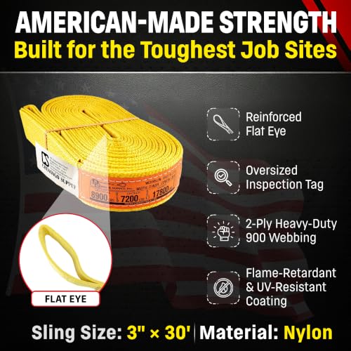 DD Sling 3 Inch x 30 Foot Nylon Lifting Sling – USA Made, 8,900 lb Vertical, 7,200 lb Choker, 17,800 lb Basket – 2-Ply Heavy Duty 900 Webbing, Type 3 Flat Eye & Eye Rigging Sling - size: 3"x30'