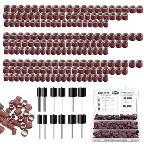 Tnisesm Aluminum Oxide Sanding Drum Set,Including 80 120 240Grit Drum Sander Sanding Sleeves and 12 Pieces Drum Mandrels for Dremel Rotary Tool,Sanding Drums with Box - size: 3SIZE-150PCS