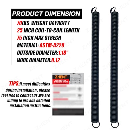 Garage Door Extension Springs Pair, 70 lb,25’’ Long,Replacement Kit - size: 70lb