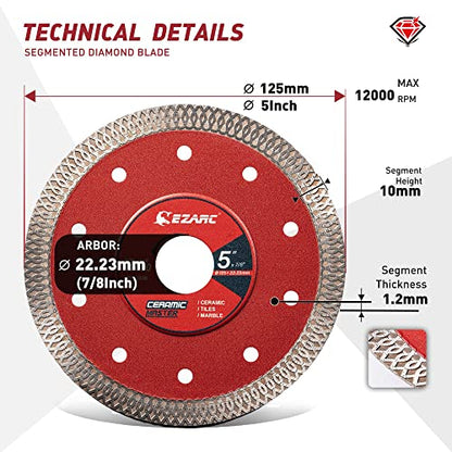 EZARC 5 Inch Super Thin Diamond Tile Blade, 7/8"-20mm-5/8 Arbor, 2-Pack - size: 5 Inch