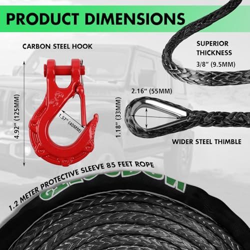 Synthetic Winch Rope, 3/8'' x 85ft 25,000LBS Synthetic Winch Line 3/8 Winch Cable Replacement Synthetic Rope with Forged Winch Hook for 4WD Off Road Vehicle SUV Truck(Black) - color: Black, size: 3/8" x 85'