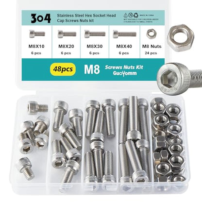 M8 x 10mm 20mm 30mm 40mm Hex Socket Head Cap Screws Bolts and Nuts, Stainless Steel 304, Bright Finish, Metric Allen Drive, Fully Thread, Assortment Kit 48PCS - size: Socket M8x10-40mm+Nuts
