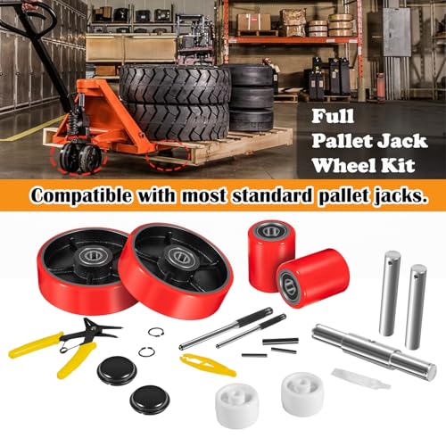 Pallet Jack/Truck Full Wheel Replacement Kit, Pair Steering Wheels (7"x 2"), Pair Front Load Roller(3" x 3.75"), with Pre-Installed Bearings, Axles, 20mm ID Poly Tread, Entry Rollers, Install Tool Kit