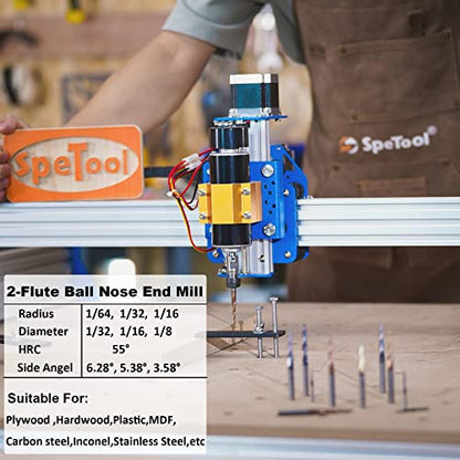 SpeTool 3Pcs Carbide Ball Nose Router Bit CNC End Mill 1/16 1/32 1/64 Cutting Radius for Wood 3D Carving Engraving MDF Oak