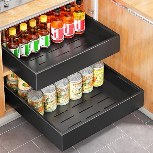 Pull out Cabinet Organizer, 21"Deep, 16.9"Wide Heavy Duty Full-Extension Slide out Drawers with Nano Adhesive, Roll Out Shelves Sliding Cabinet for Kitchen, Bathroom, Pantry,under sink Storage(Black) - color: Black, size: 16.9"Wide-21"Deep (1Pack）