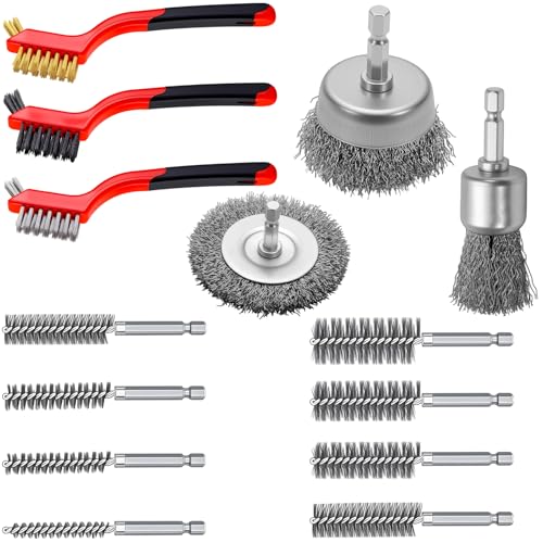 Yuahar 14Pcs Wire Wheel for Drill 1/4 Inch Hex Shank, Wire Cup Brush, Bore Cleaning Brushes, Nylon/Brass/Stainless Steel Bristles for Scrubbing Cleaning Rust, Dirt & Paint