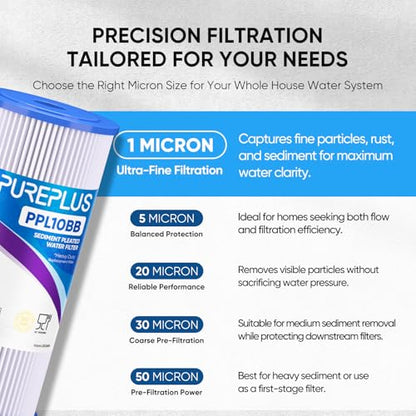 PUREPLUS 1 Micron 10" x 4.5" Whole House Pleated Sediment Filter,4 Pack - size: 4 Count (Pack of 1), style: 1 Micron