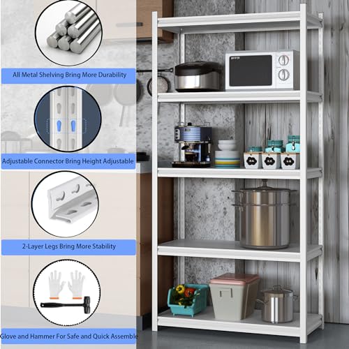 5 Tier Metal Storage Shelves Adjustable Garage Shelving, Heavy Duty Industrial Utility Rack Organization for Kitchen, Pantry, Closet, Garage, Office (White) - color: White-S 5 Tier