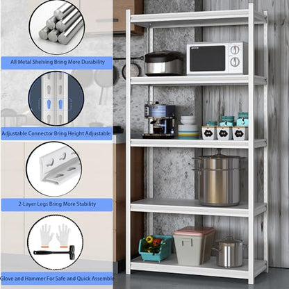 5 Tier Metal Storage Shelves Adjustable Garage Shelving, Heavy Duty Industrial Utility Rack Organization for Kitchen, Pantry, Closet, Garage, Office (White) - color: White-S 5 Tier