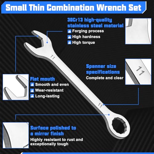 10PCS Super-Thin Mini Wrench Set Standard Metric 4mm-11mm Stainless Steel Ignition Wrenches Open End and Box End Combination Wrench Set for Tight Spaces, Circle Ring, Gate Clip in Pouch - size: Ultra-Thin Metric