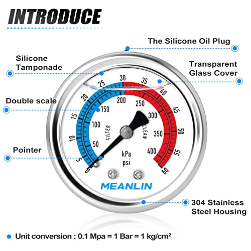 MEANLIN MEASURE 1/4" NPT 0-60psi Pressure Gauge, 2" Dial Glycerine Filled Pool Filter, 304 Stainless Steel Housing, Back Mount, with 1/2" NPT and 3/8" NPT Hex Bushing - size: 0-60Psi/0-400Kpa, style: Center Back Mount