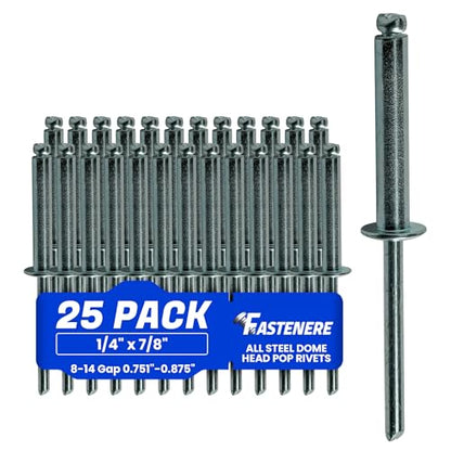Fastenere Pop Rivets - 1/4" x 7/8" (25 pcs) Heavy Duty, Open-End, Low Carbon Steel, Dome-Head Blind Rivets, Corrosion-Resistant & High Shear Strength, 8-14 Gap 0.751"-0.875" - size: 1/4" x 7/8" (8-14) (25 Pack)