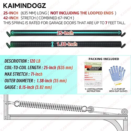 Pair of 120lb. Heavy Duty Garage Door Extension Springs Stretch Springs, 25" Long,Double Loop Ends, High Precision Electrophoresis Black Coated, MIN 16,000 Cycles, for 7ft High Garage Doors - size: 120LB-Green