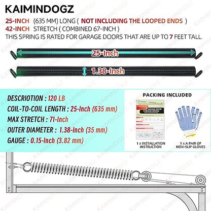 Pair of 120lb. Heavy Duty Garage Door Extension Springs Stretch Springs, 25" Long,Double Loop Ends, High Precision Electrophoresis Black Coated, MIN 16,000 Cycles, for 7ft High Garage Doors - size: 120LB-Green