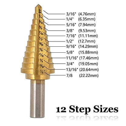Saiper Titanium Step Drill Bit 3/16" to 7/8" (12 Step Sizes) HSS 4241 - size: 3/16" to 7/8" (12 Step Sizes)