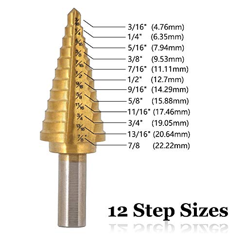 Saiper Titanium Step Drill Bit 3/16" to 7/8" (12 Step Sizes) HSS 4241 Triangle Handle Step Drill Bits Drill Holes for Plastic, Aluminum, PV Plate (Pack of 2) - size: 3/16" to 7/8" (12 Step Sizes) (Pack of 2)