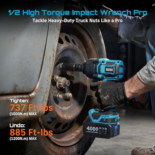 Seesii Impact Wrench 886 Ft-lbs(1200N.m), 1/2 High Torque Impact Gun with 21V 2x4.0Ah Battery, Electric Impact Driver, 2900IPM, 5 Socket, Cordless Impact Wrench for Home Car/Mower/Pickup/Truck RV - color: Blue 1200n.m + Two Batteries