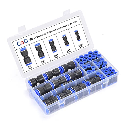 60Pcs Quick Connect Air Hose Fittings 5/32 1/4 5/16 3/8 1/2 inch Quick Release Pneumatic Push to Connect Fittings Kit Air Line Fittings for 5/32 1/4 5/16 3/8 1/2 inch Tube