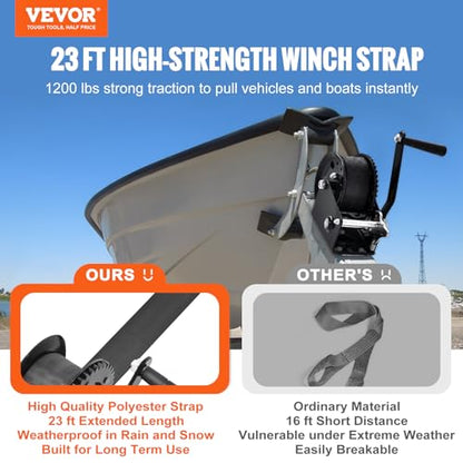 VEVOR Boat Winch,1200 lbs Capacity Hand Boat Trailer Winch Heavy Duty Rope Crank with 23 ft Polyester Strap and Two-Way Ratchet, Manual Operated Hand Crank Winch for Trailer, Boat or ATV Towing