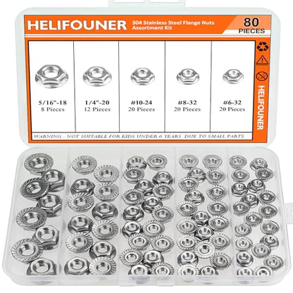 HELIFOUNER 80 Pieces 5 Sizes Flange Nuts, Serrated Flange Hex Lock Nuts Assortment Kit, 304 Stainless Steel (#6-32#8-32#10-24 1/4"-20 5/16"-18) - size: #6-32, #8-32, #10-24, 1/4"-20, 5/16"-18