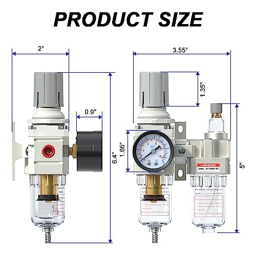 AIRZOE 1/4" NPT Air Filter Regulator Lubricator Combo AC2010-02 - color: Semi-Auto Drain / White / Metal Coupler, size: 1/4"NPT