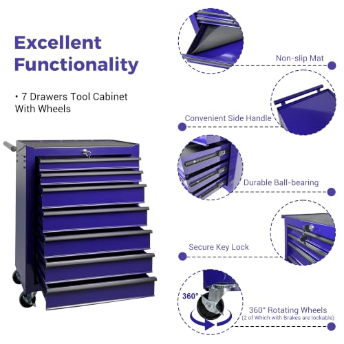 Rolling Metal Tool Chest with 7 Drawers - color: 7-drawer-purple-a