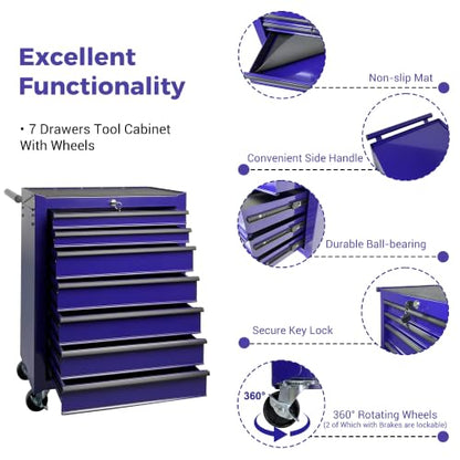 Rolling Metal Tool Chest with 7 Drawers - color: 7-drawer-purple-a